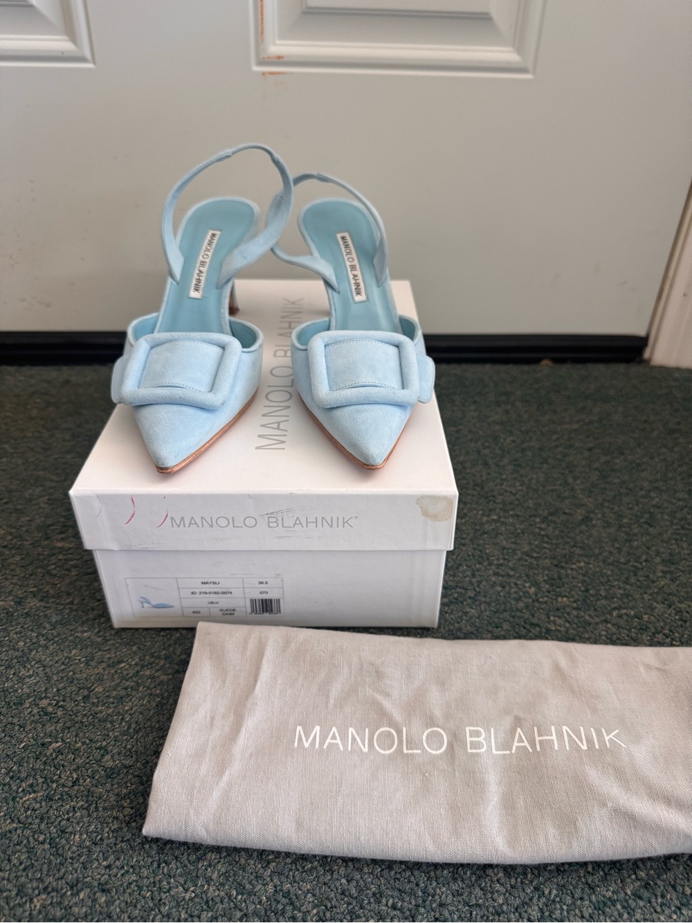Manolo Blahnik Powder Blue Buckle Slingback Pumps